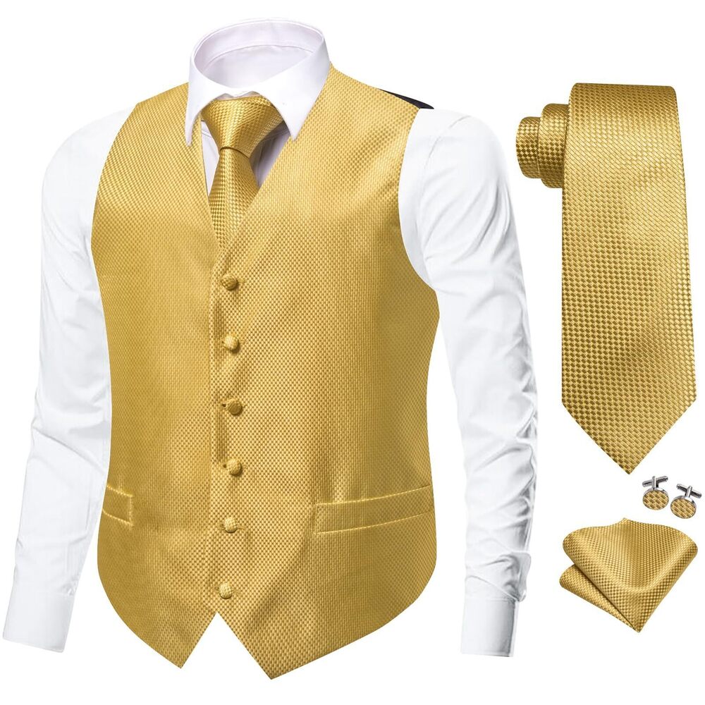 8140 Gold Plaids Paisley Suit Vest Tie Set Floral Silk V-neck Waistcoats